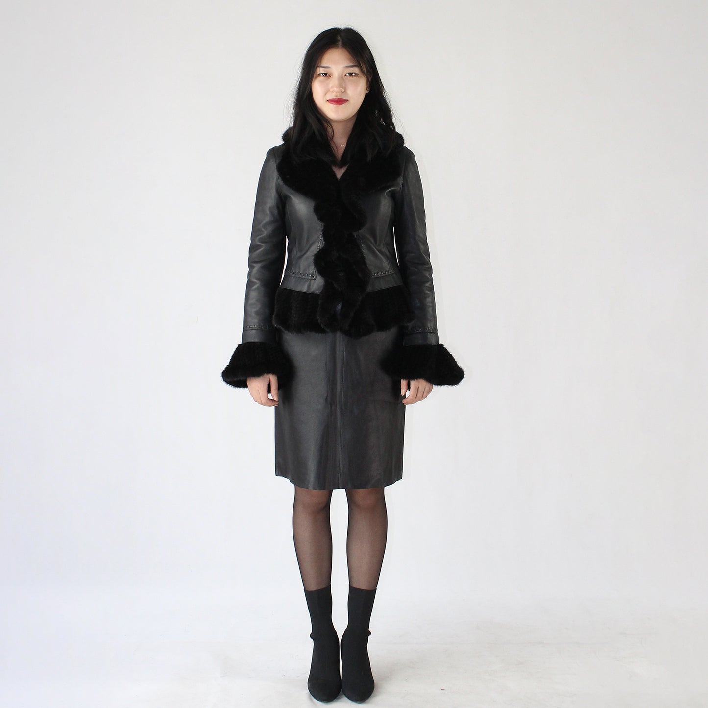 Women's smooth soft sheepskin top and skirt