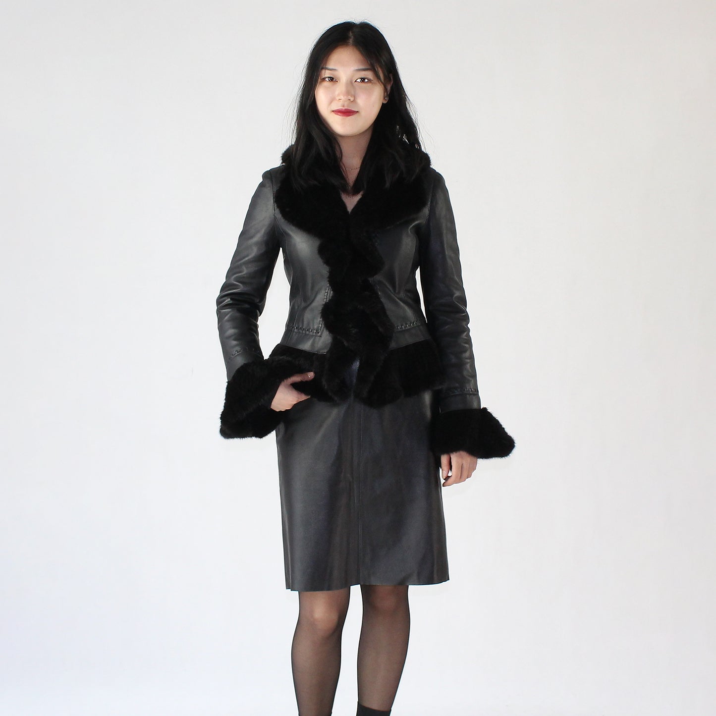Women's smooth soft sheepskin top and skirt
