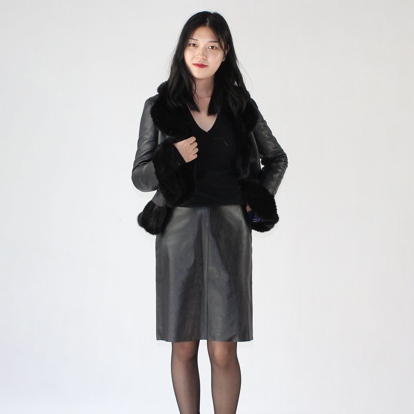 Women's smooth soft sheepskin top and skirt