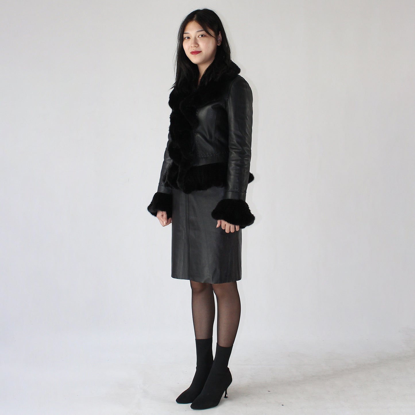Women's smooth soft sheepskin top and skirt