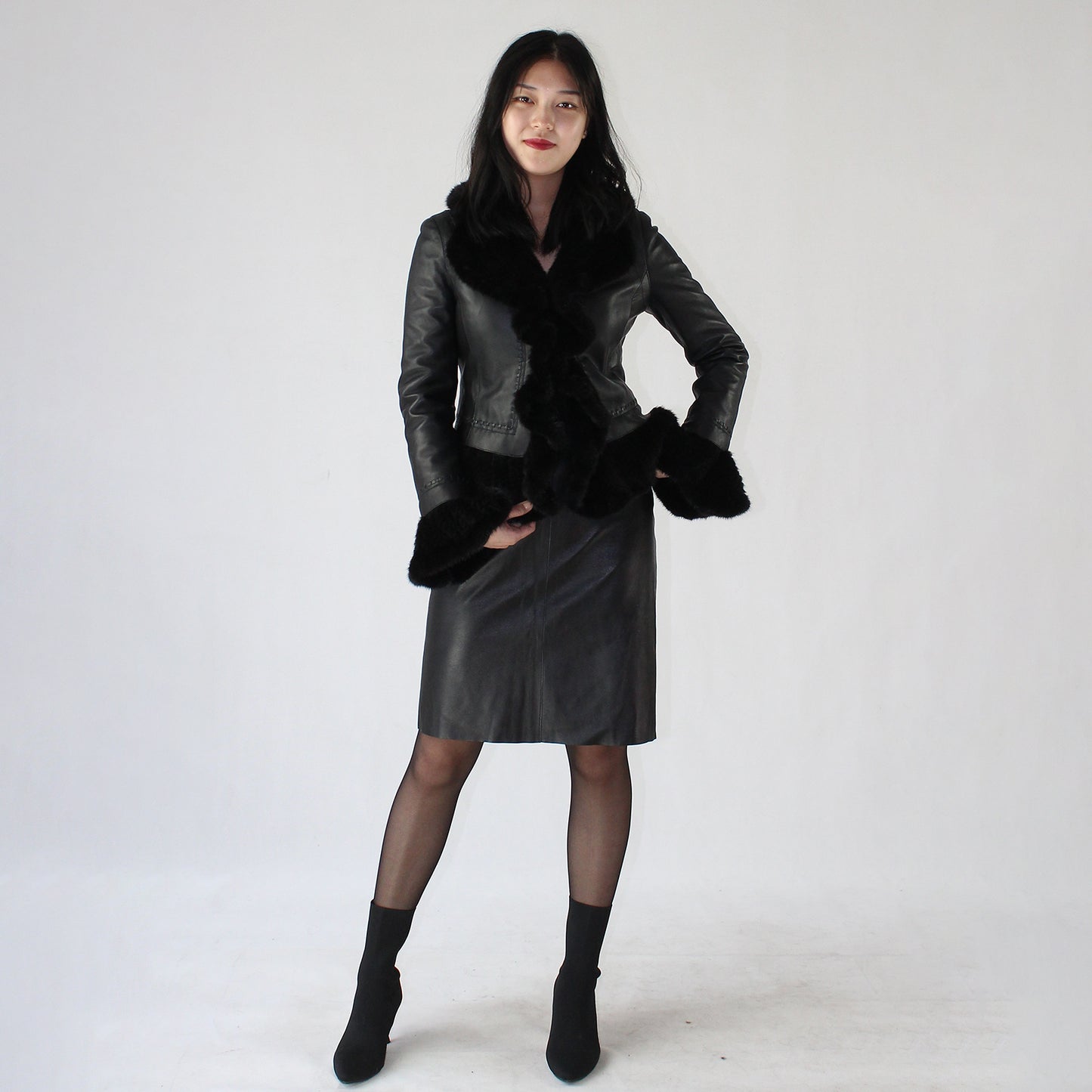 Women's smooth soft sheepskin top and skirt