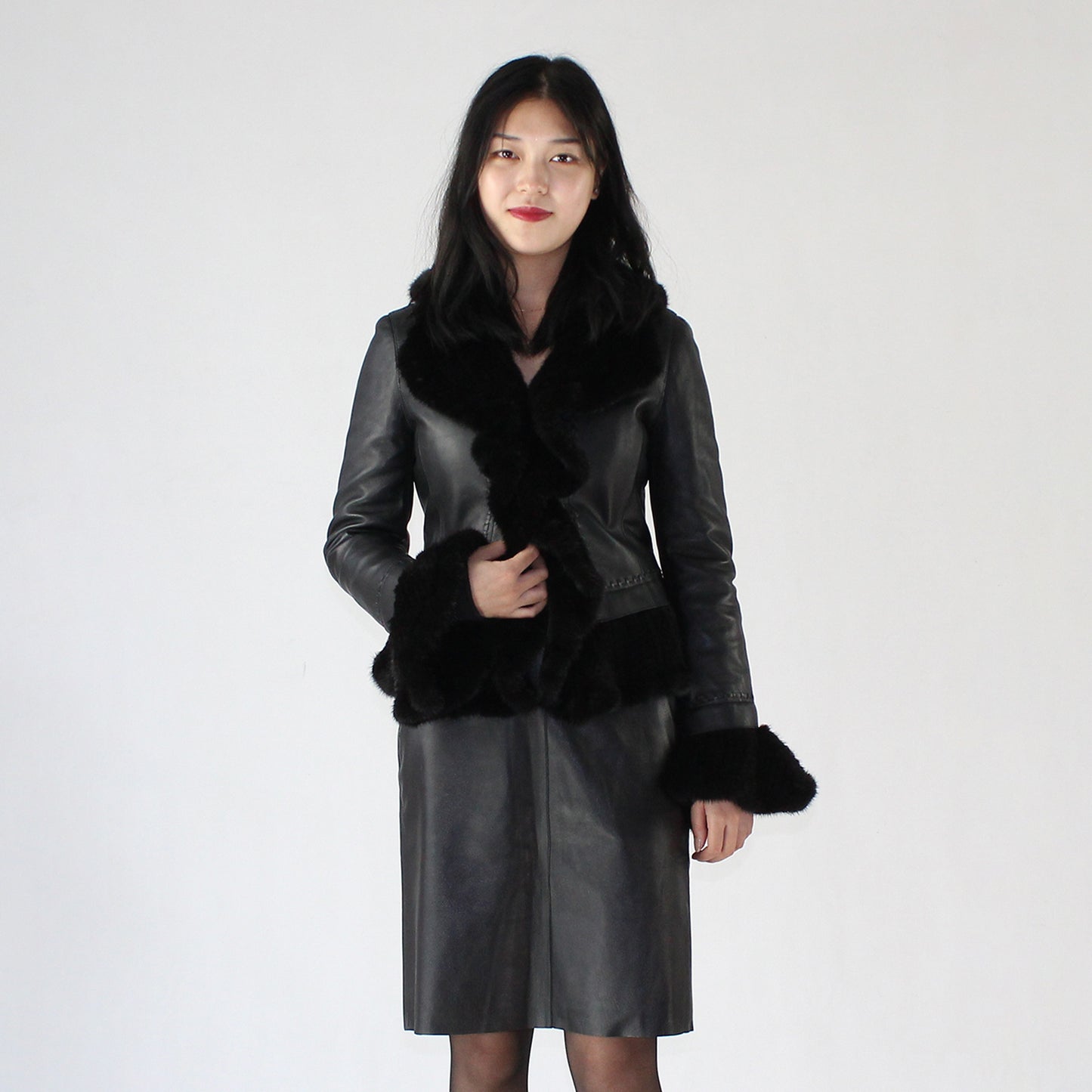 Women's smooth soft sheepskin top and skirt