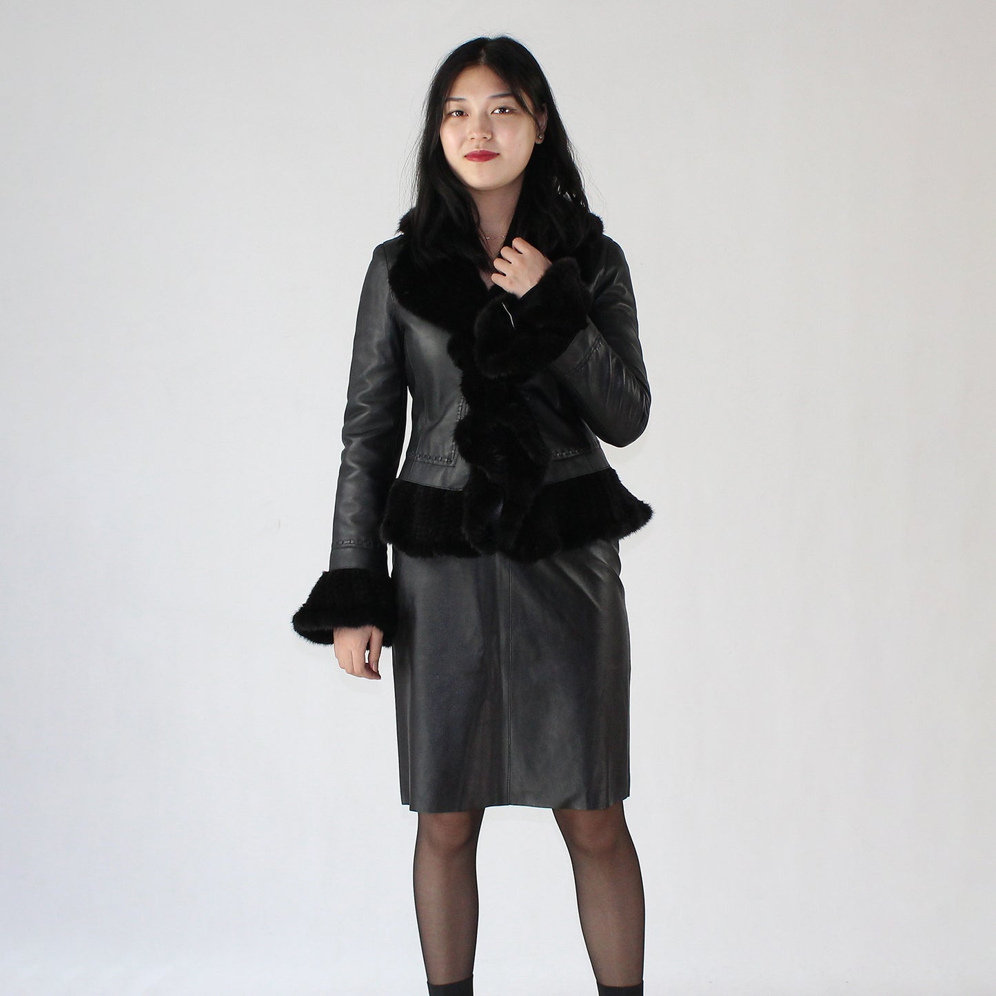 Women's smooth soft sheepskin top and skirt