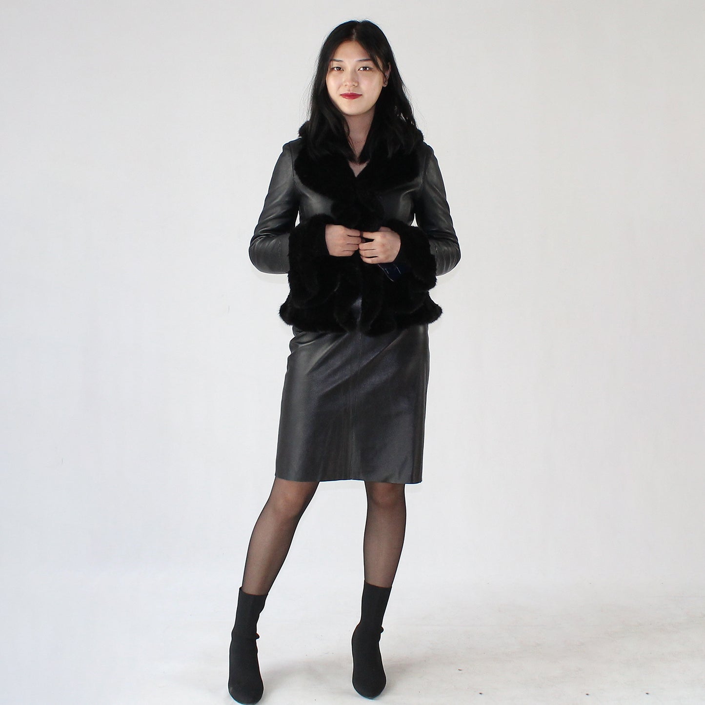 Women's smooth soft sheepskin top and skirt