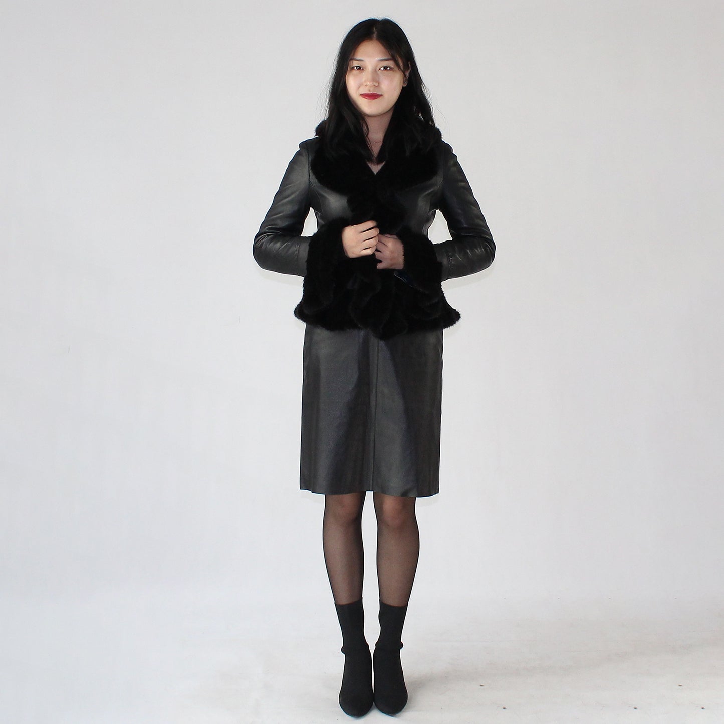 Women's smooth soft sheepskin top and skirt