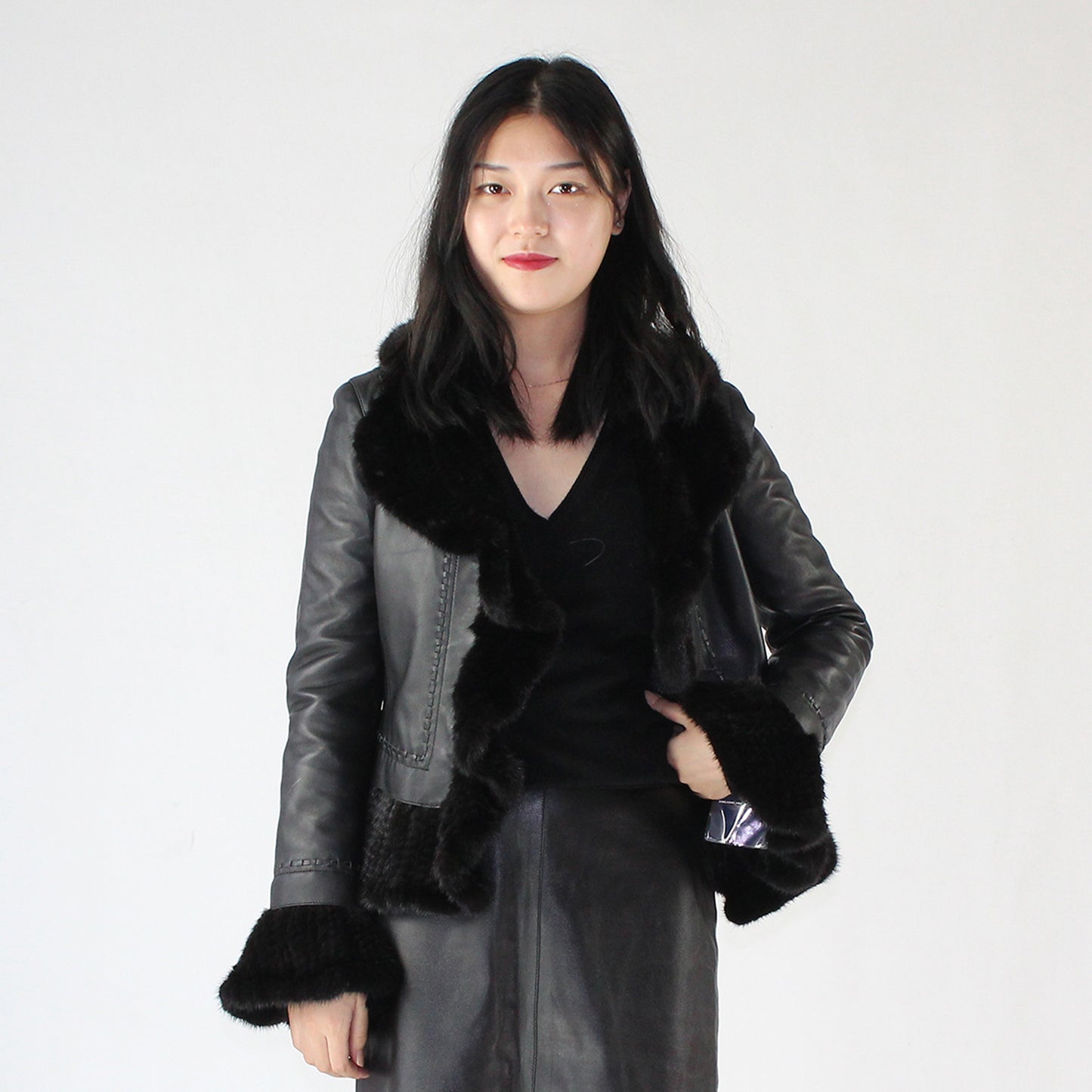 Women's smooth soft sheepskin top and skirt