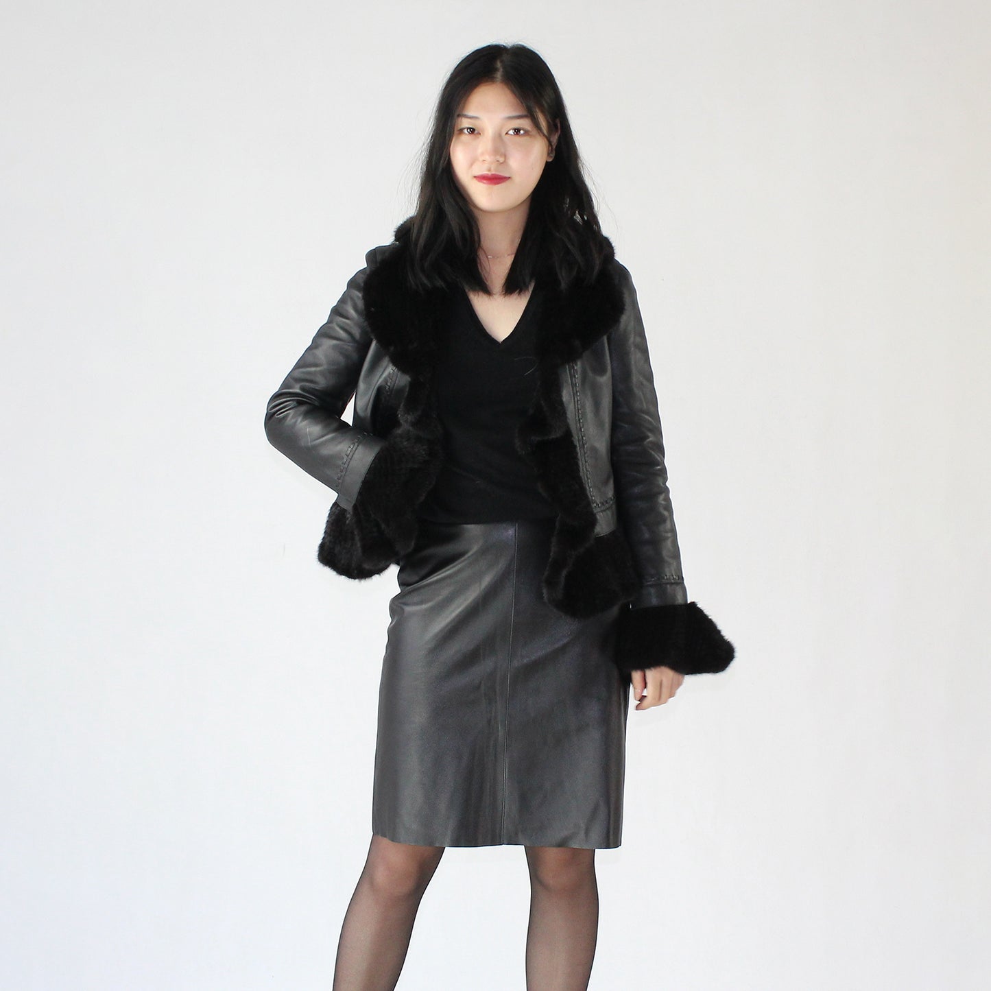 Women's smooth soft sheepskin top and skirt