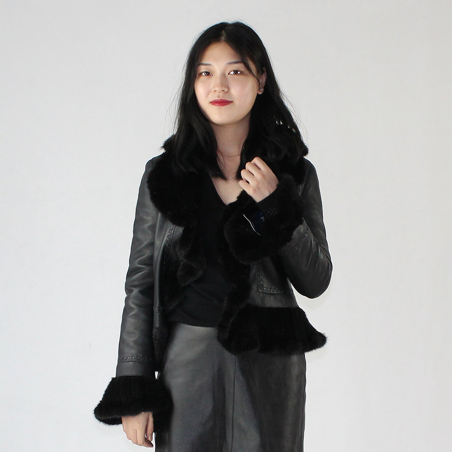 Women's smooth soft sheepskin top and skirt