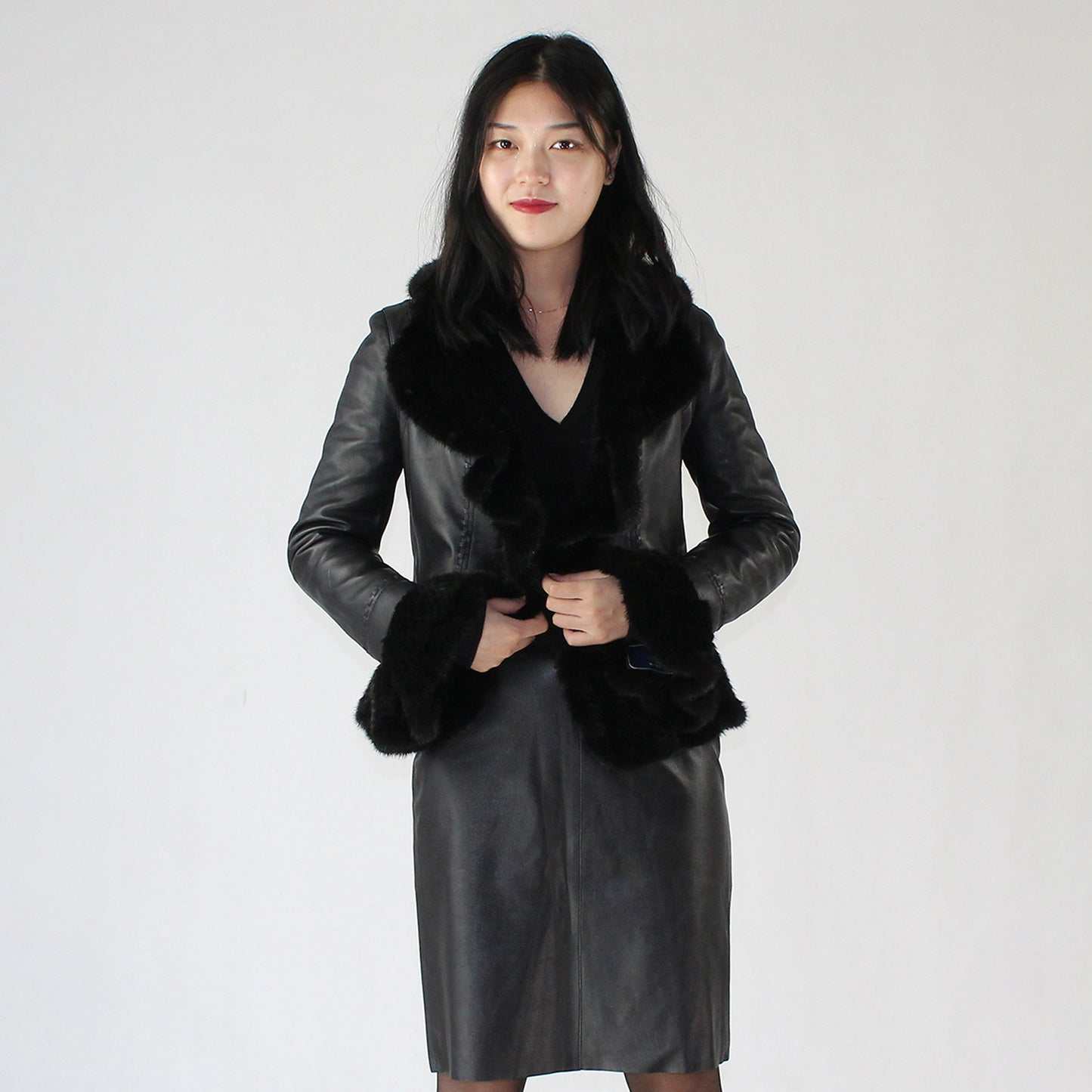 Women's smooth soft sheepskin top and skirt