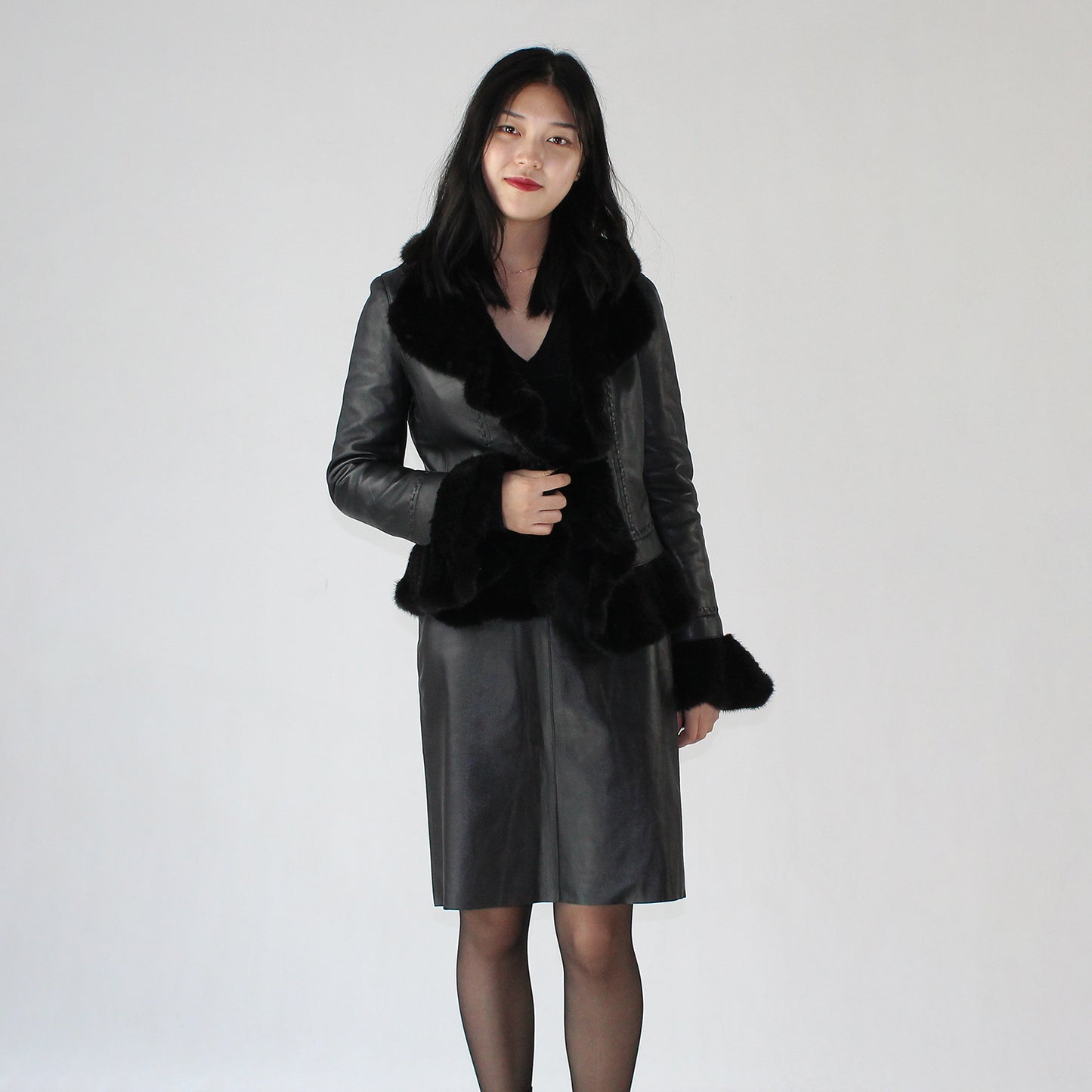 Women's smooth soft sheepskin top and skirt