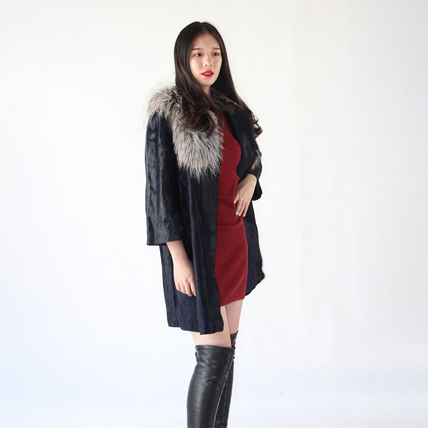 Women's calfskin coat with fox fur