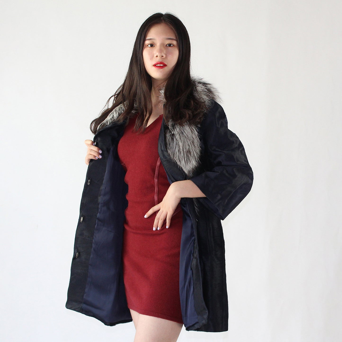 Women's calfskin coat with fox fur