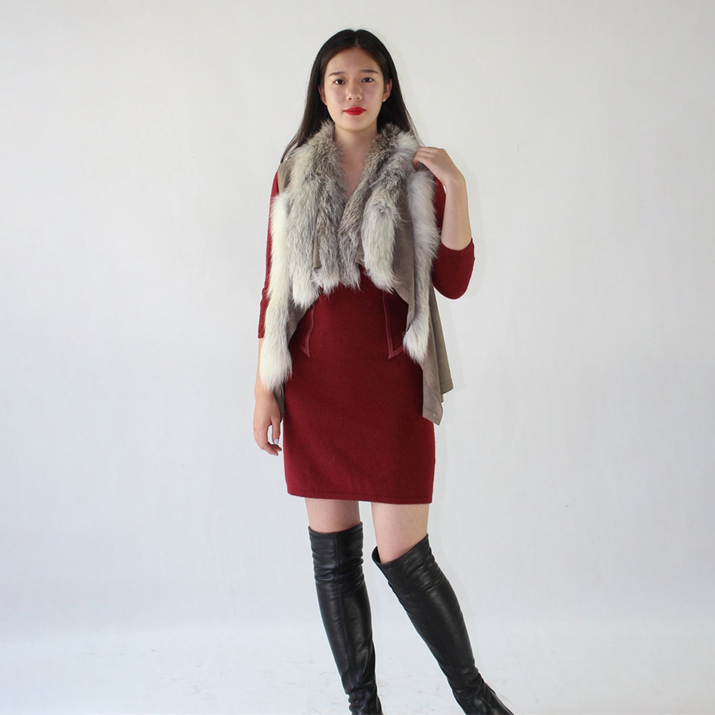 Women's sheepskin vest with fox fur