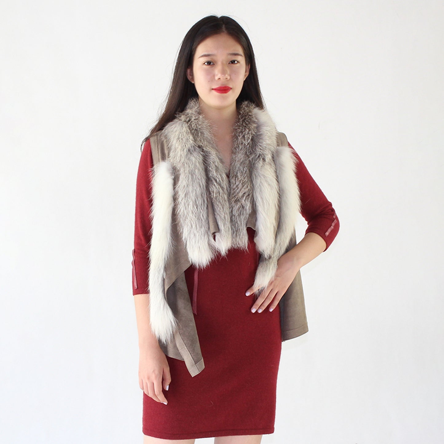 Women's sheepskin vest with fox fur