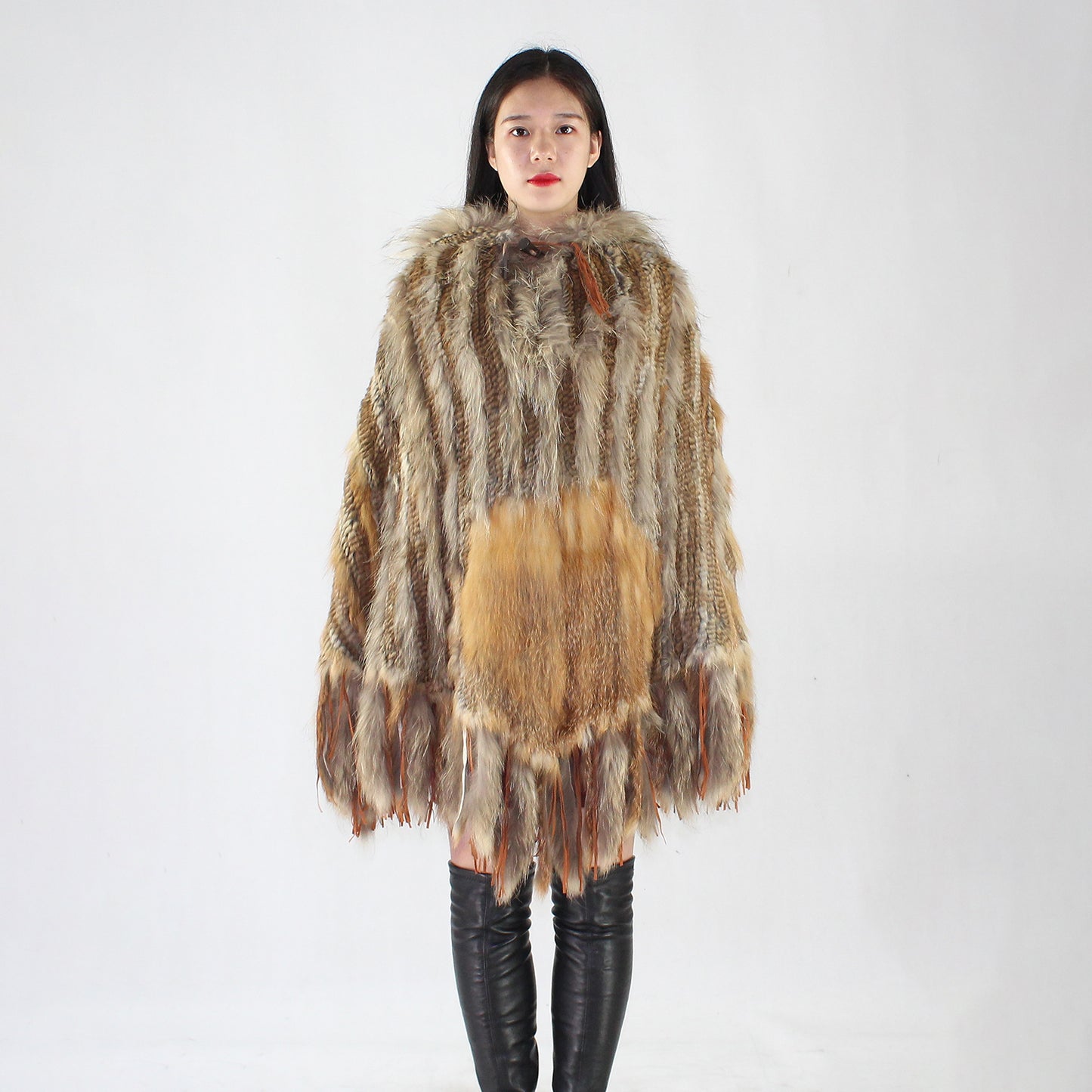 Women's fox fur and raccoon skin poncho