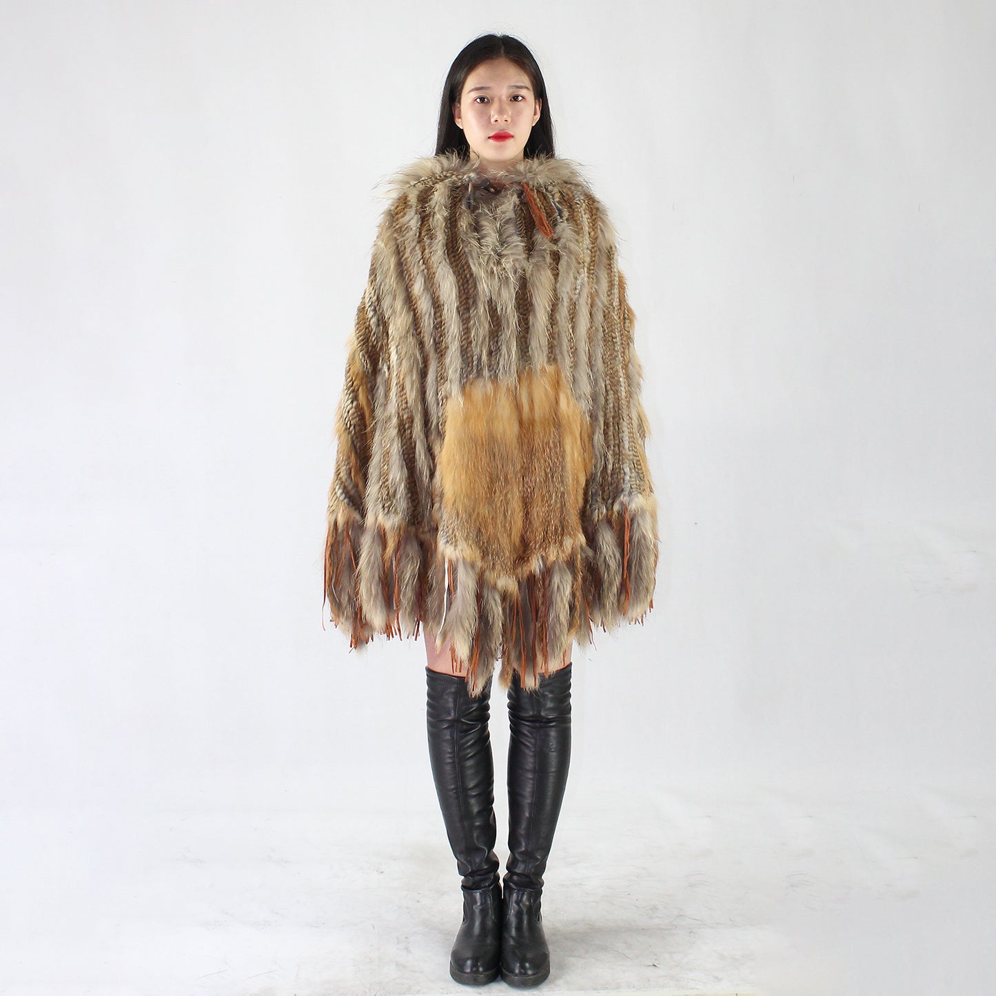 Women's fox fur and raccoon skin poncho