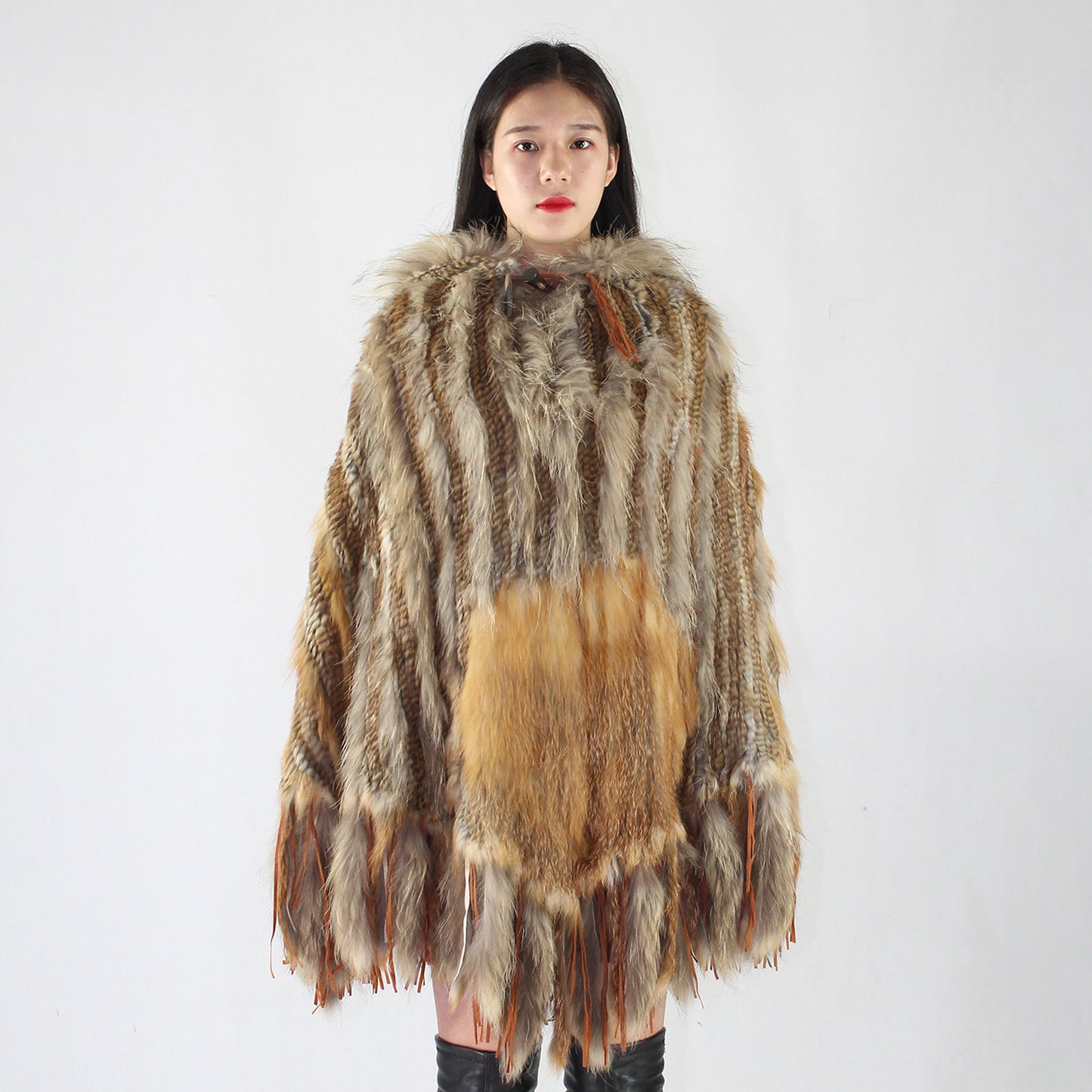 Women's fox fur and raccoon skin poncho