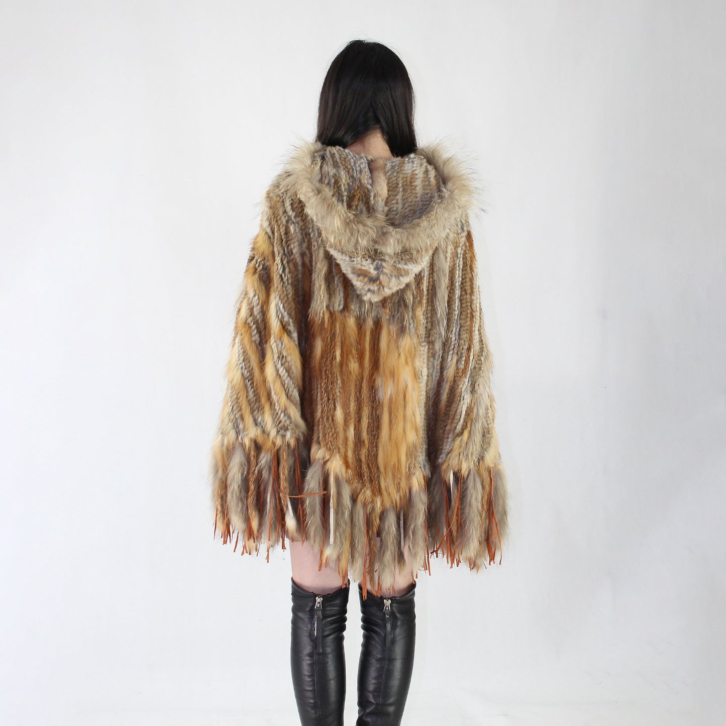 Women's fox fur and raccoon skin poncho