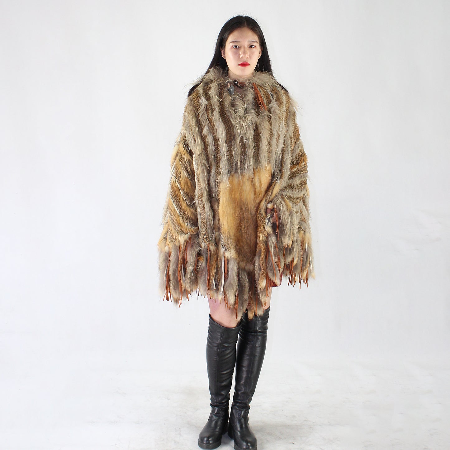 Women's fox fur and raccoon skin poncho