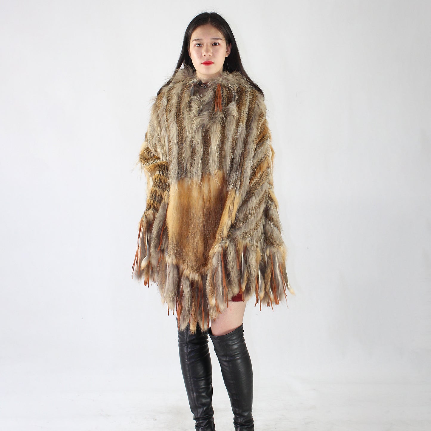 Women's fox fur and raccoon skin poncho