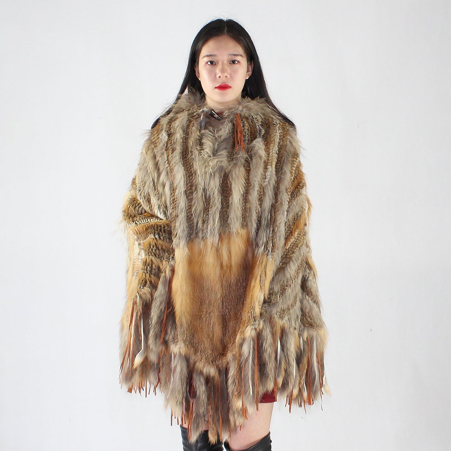 Women's fox fur and raccoon skin poncho