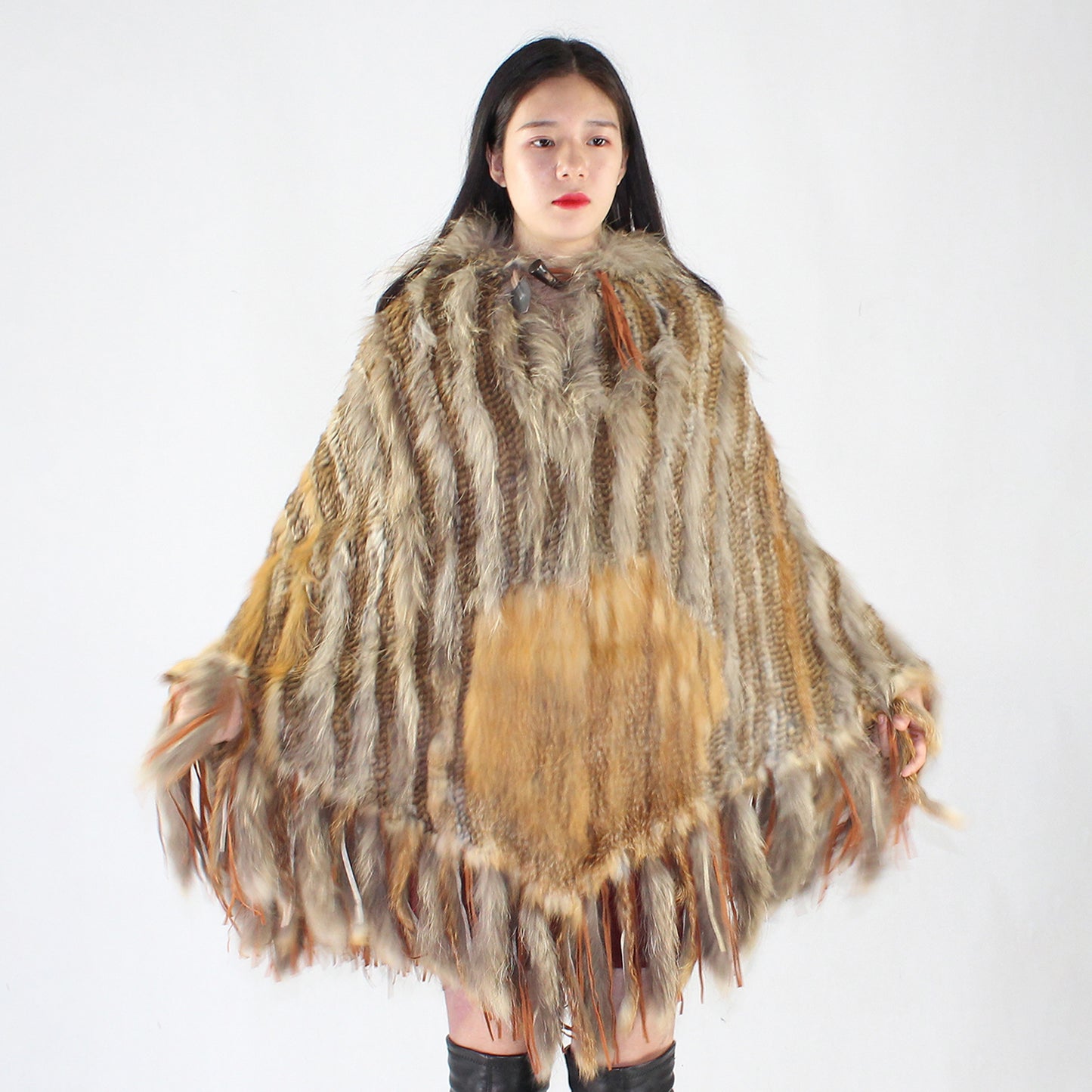 Women's fox fur and raccoon skin poncho